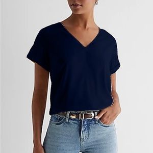 Express Women’s Satin V-Neck Short Cuff Sleeve Gramercy Tee - S